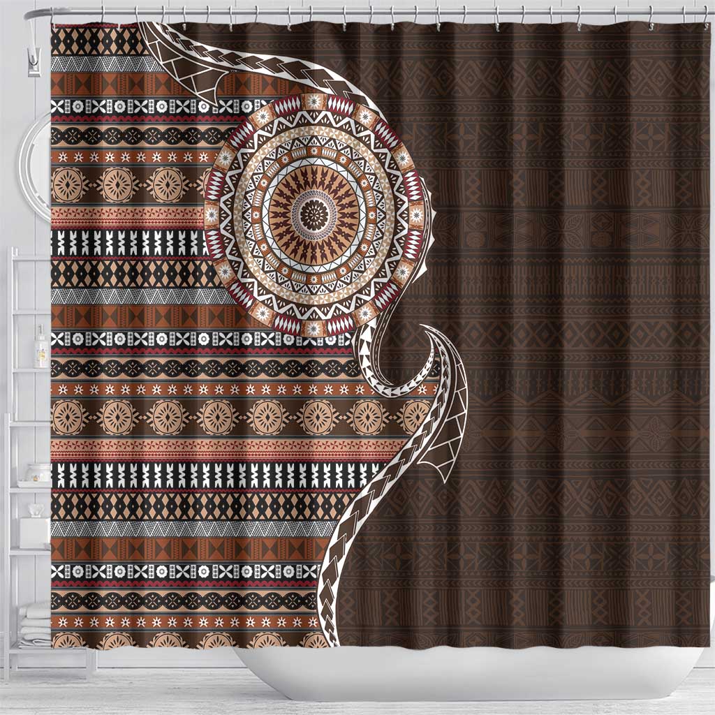 Fijian Masi Tribal Tattoos Art Pattern Shower Curtain Brown Color Half Style - Polynesian Pride
