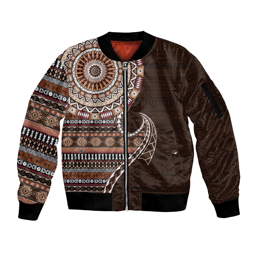 Fijian Masi Tribal Tattoos Art Pattern Sleeve Zip Bomber Jacket Brown Color Half Style - Polynesian Pride