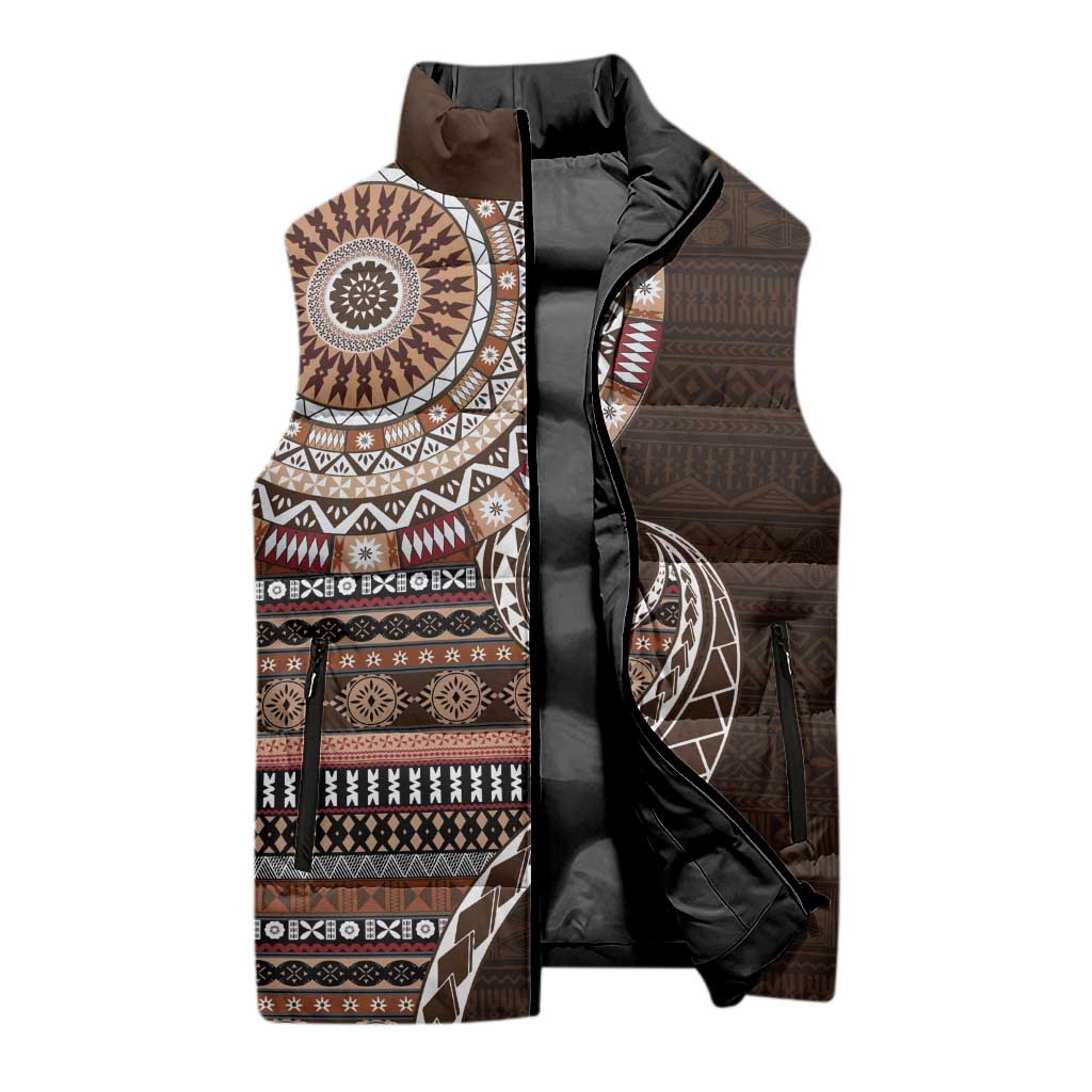 Fijian Masi Tribal Tattoos Art Pattern Sleeveless Puffer Jacket Brown Color Half Style LT03 - Polynesian Pride