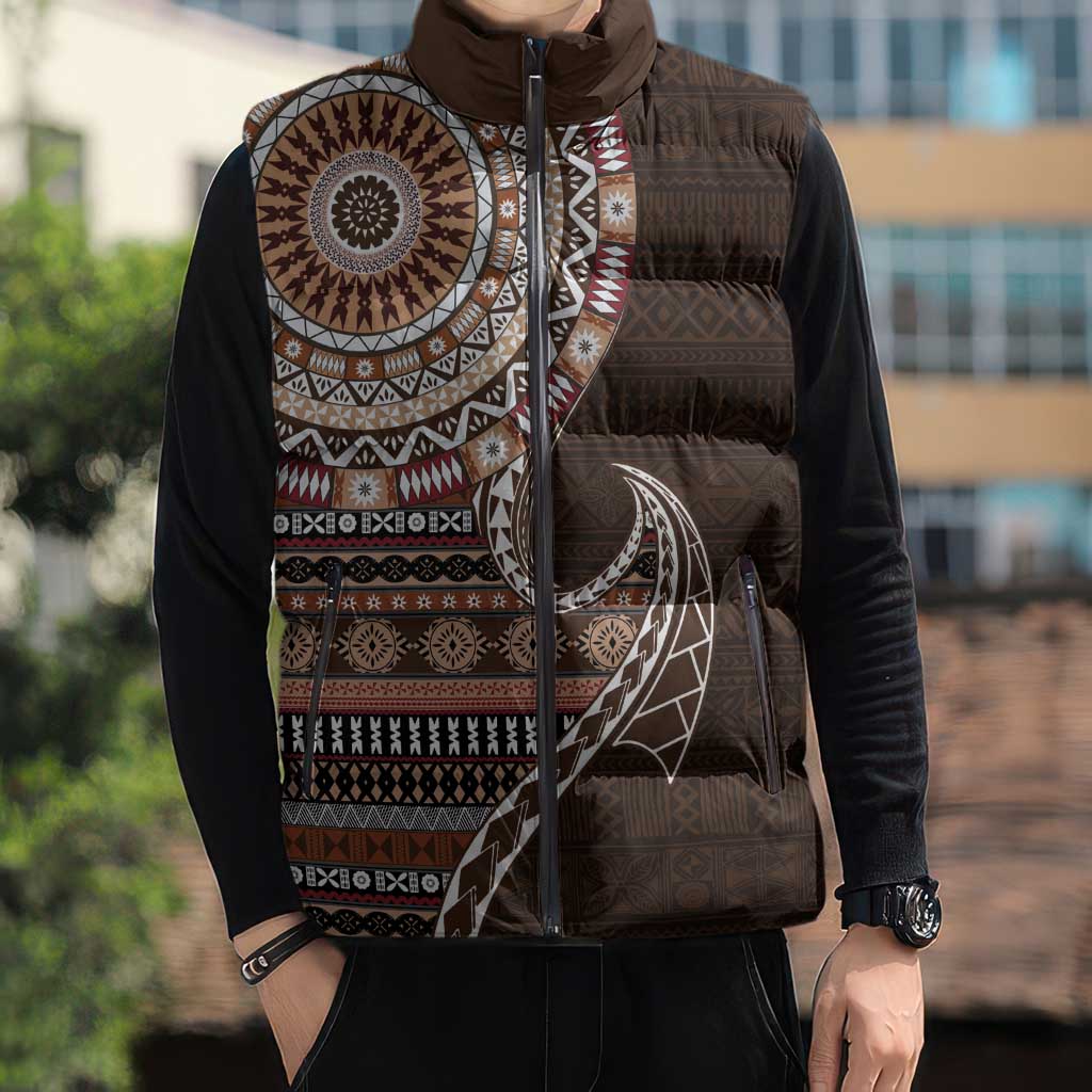 Fijian Masi Tribal Tattoos Art Pattern Sleeveless Puffer Jacket Brown Color Half Style LT03 - Polynesian Pride