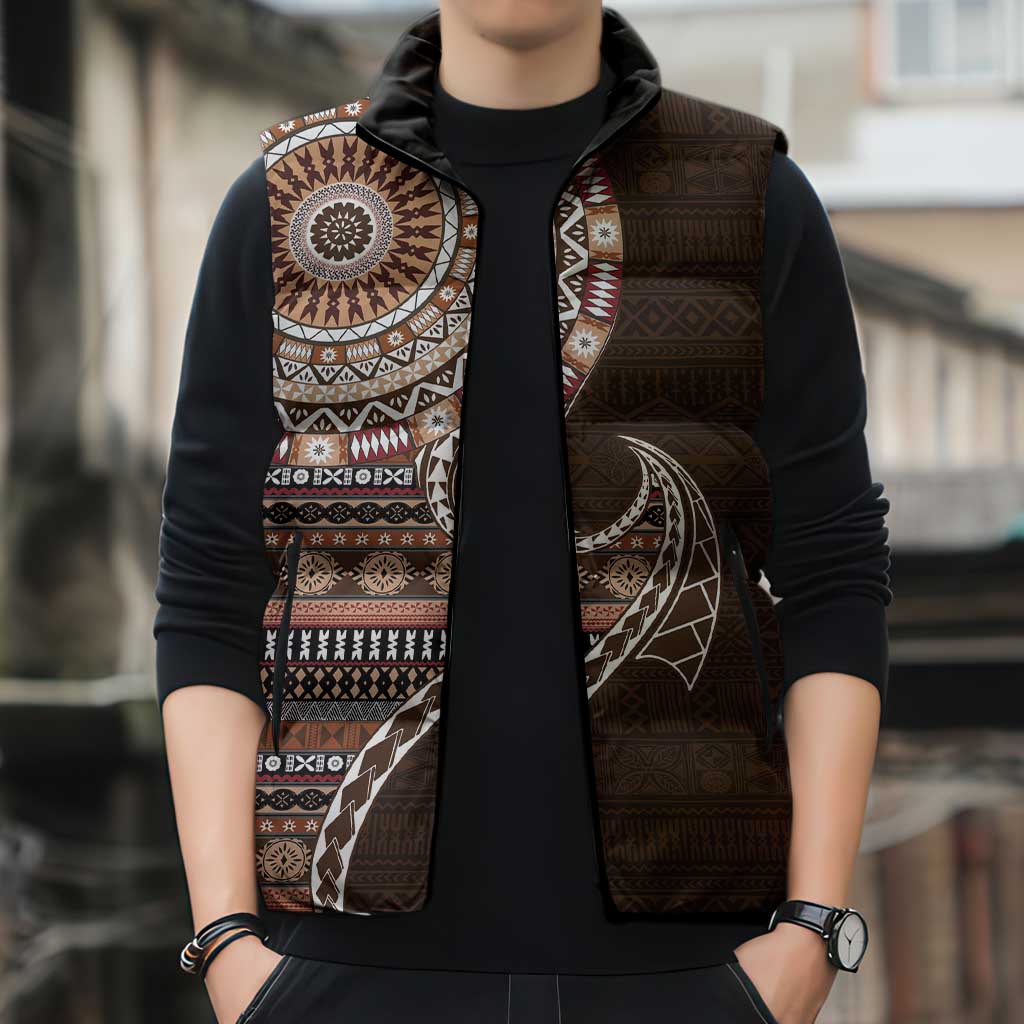 Fijian Masi Tribal Tattoos Art Pattern Sleeveless Puffer Jacket Brown Color Half Style LT03 - Polynesian Pride