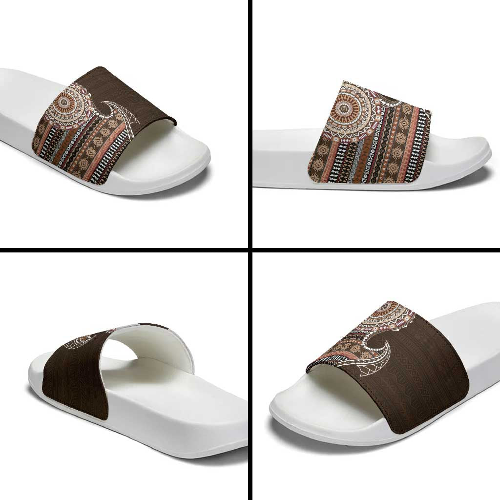 Fijian Masi Tribal Tattoos Art Pattern Slide Sandals Brown Color Half Style - Polynesian Pride