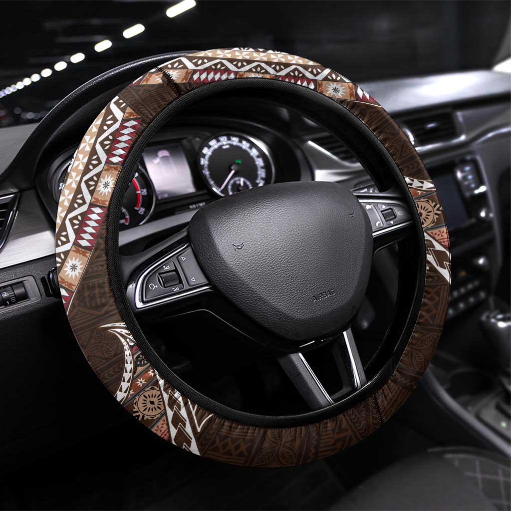 Fijian Masi Tribal Tattoos Art Pattern Steering Wheel Cover Brown Color Half Style LT03 Universal Fit Brown - Polynesian Pride