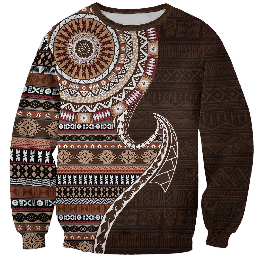 Fijian Masi Tribal Tattoos Art Pattern Sweatshirt Brown Color Half Style LT03 Unisex Brown - Polynesian Pride