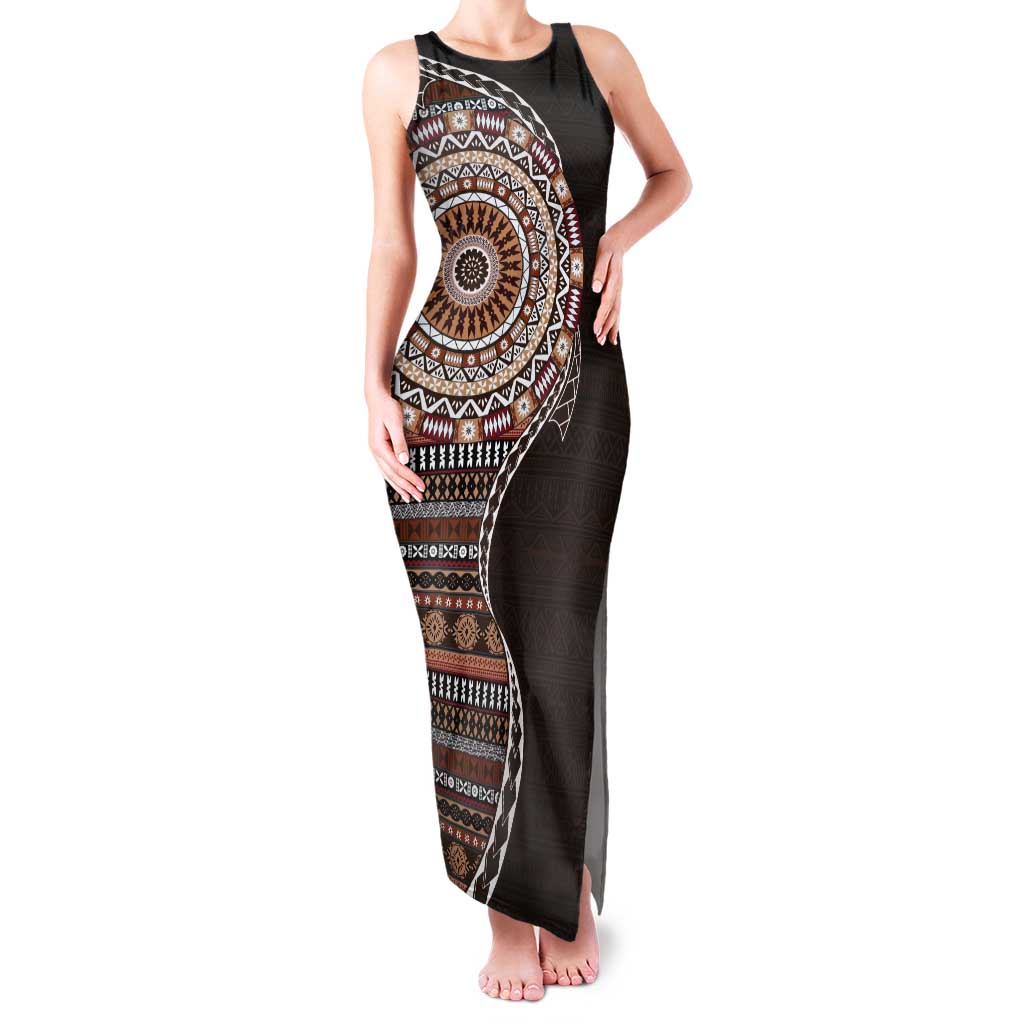 Fijian Masi Tribal Tattoos Art Pattern Tank Maxi Dress Brown Color Half Style - Polynesian Pride