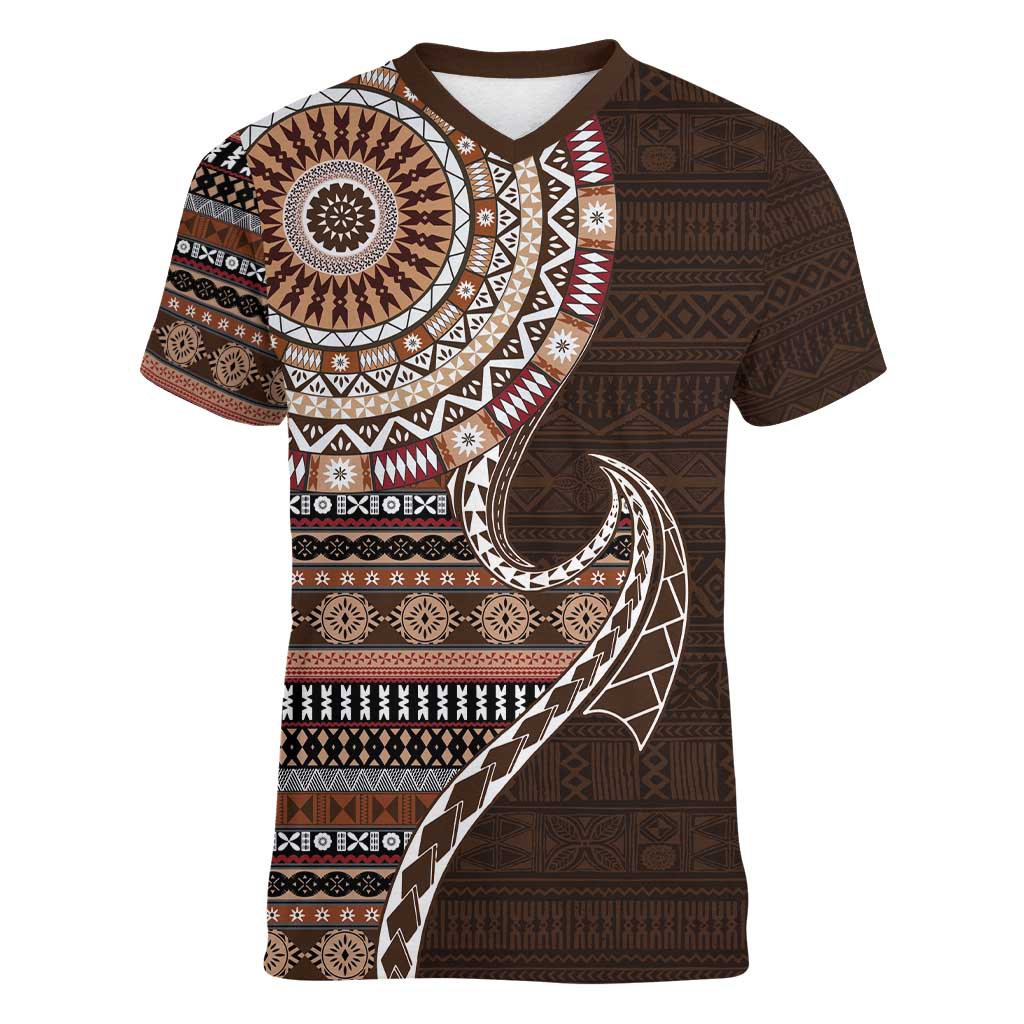 Fijian Masi Tribal Tattoos Art Pattern Women V-Neck T-Shirt Brown Color Half Style LT03 Female Brown - Polynesian Pride