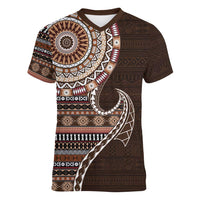 Fijian Masi Tribal Tattoos Art Pattern Women V-Neck T-Shirt Brown Color Half Style LT03 Female Brown - Polynesian Pride