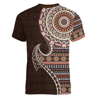 Fijian Masi Tribal Tattoos Art Pattern Women V-Neck T-Shirt Brown Color Half Style LT03 - Polynesian Pride