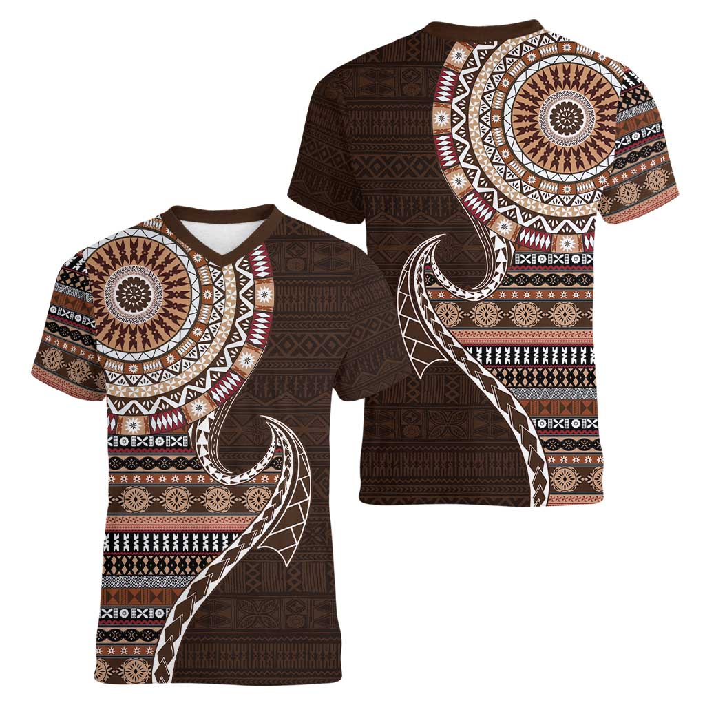 Fijian Masi Tribal Tattoos Art Pattern Women V-Neck T-Shirt Brown Color Half Style LT03 - Polynesian Pride