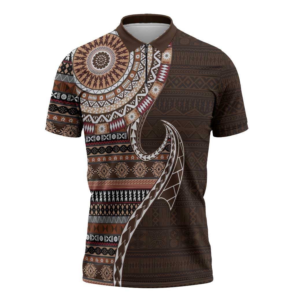 Fijian Masi Tribal Tattoos Art Pattern Zipper Polo Shirt Brown Color Half Style - Polynesian Pride
