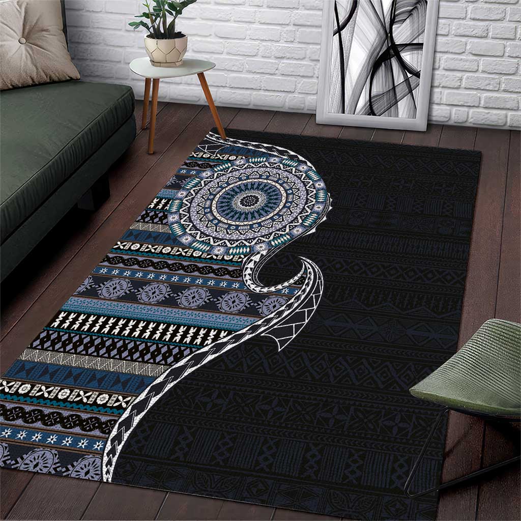Fijian Masi Tribal Tattoos Art Pattern Area Rug Navy Color Half Style - Polynesian Pride