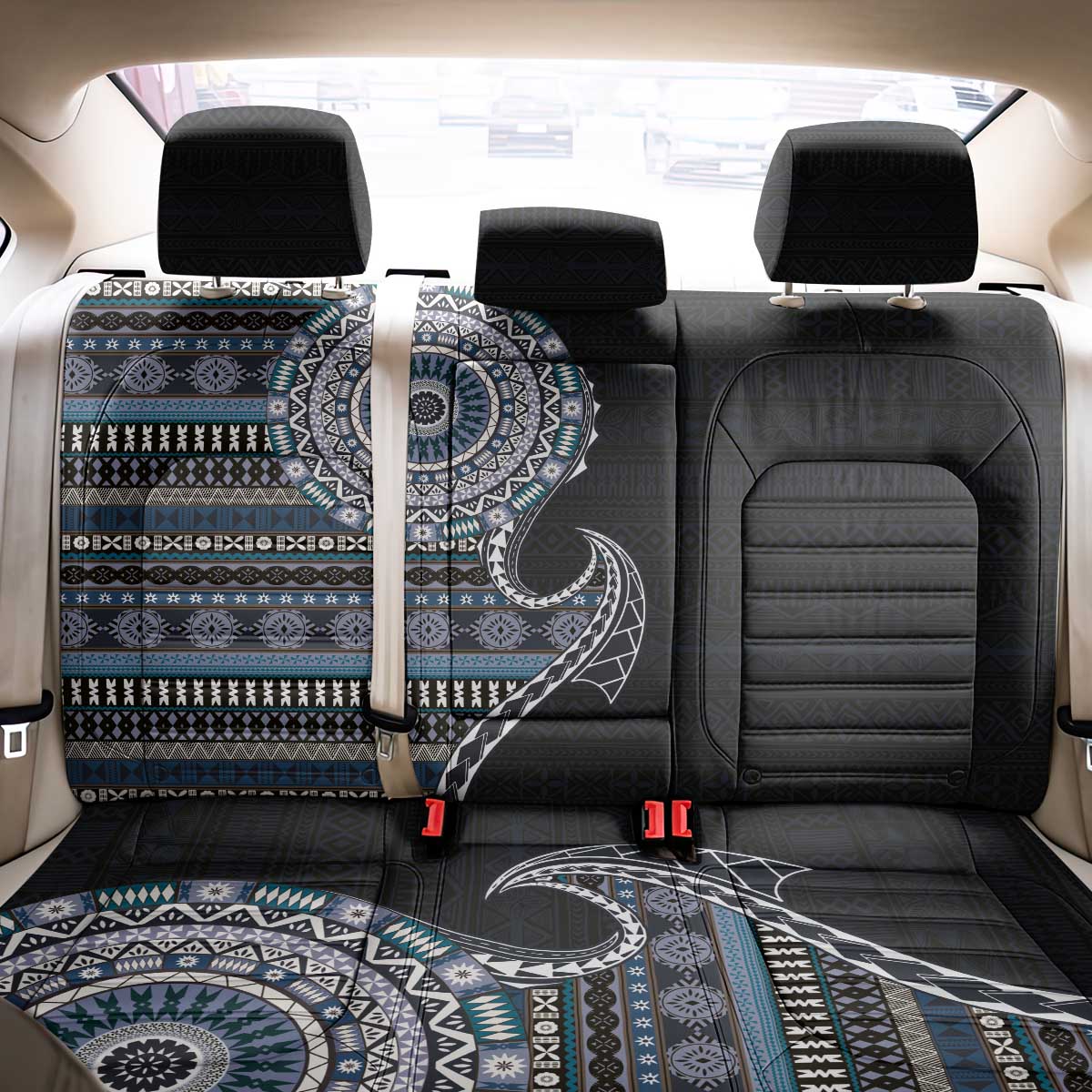 Fijian Masi Tribal Tattoos Art Pattern Back Car Seat Cover Navy Color Half Style - Polynesian Pride