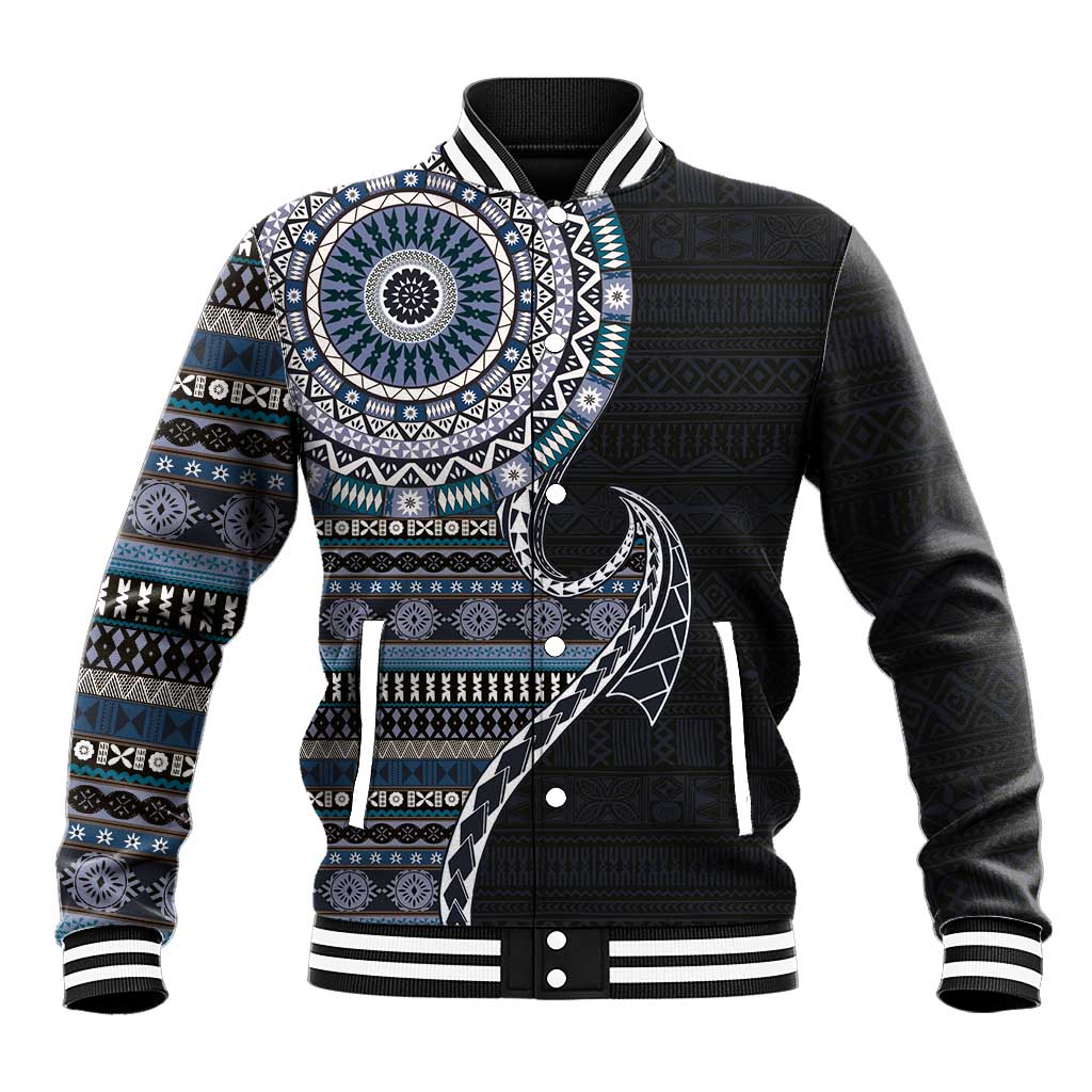 Fijian Masi Tribal Tattoos Art Pattern Baseball Jacket Navy Color Half Style - Polynesian Pride