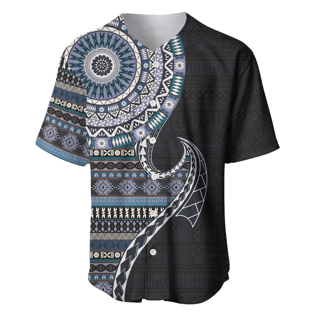 Fijian Masi Tribal Tattoos Art Pattern Baseball Jersey Navy Color Half Style - Polynesian Pride