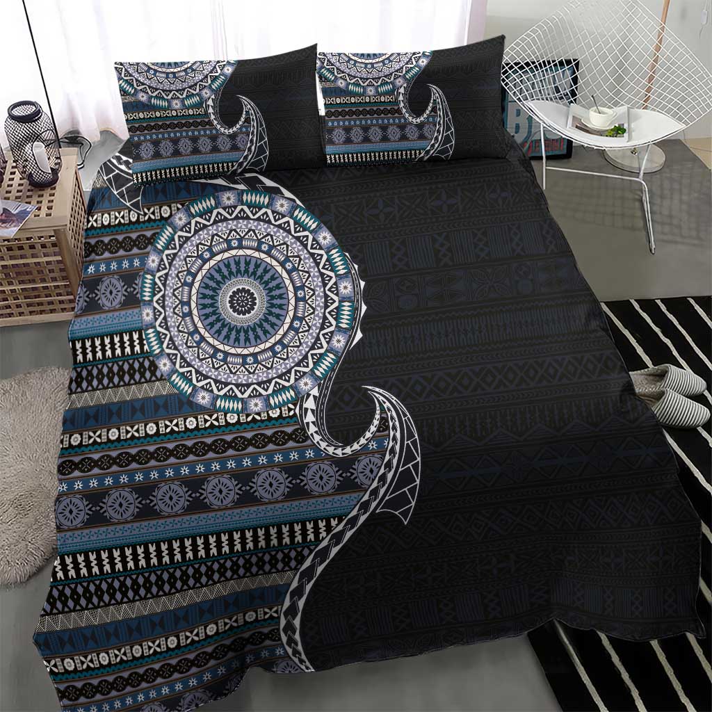Fijian Masi Tribal Tattoos Art Pattern Bedding Set Navy Color Half Style - Polynesian Pride