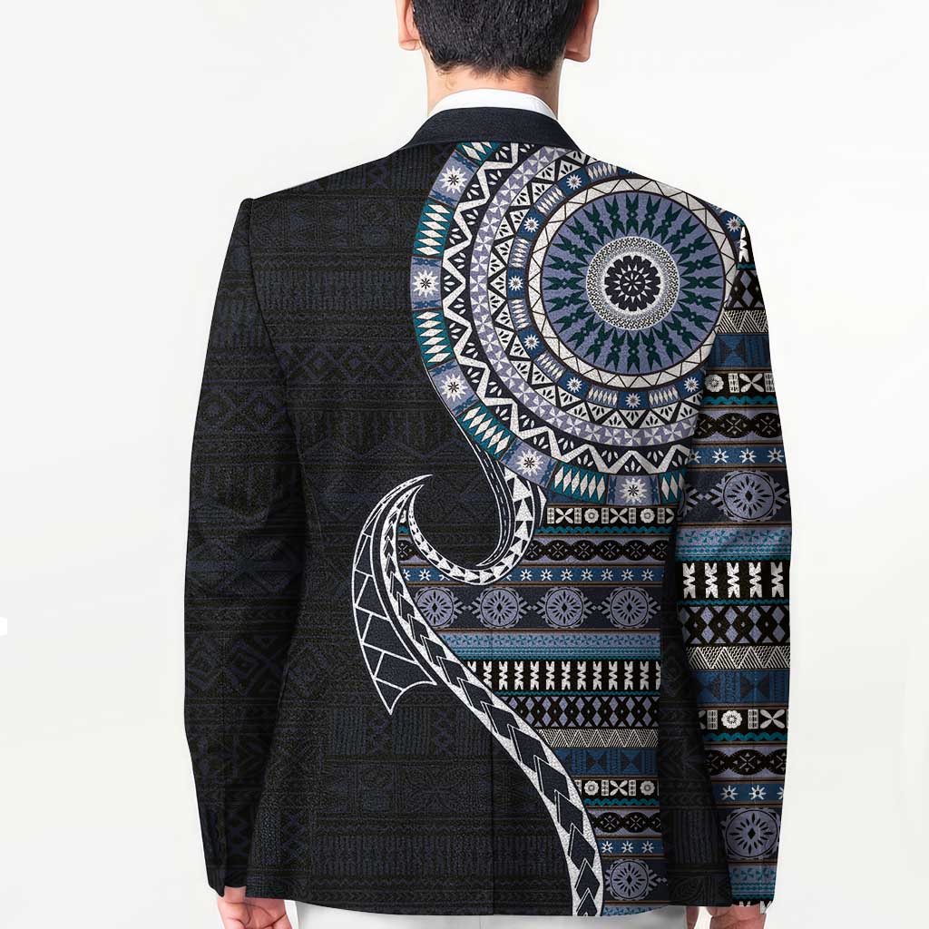 Fijian Masi Tribal Tattoos Art Pattern Blazer Navy Color Half Style - Polynesian Pride