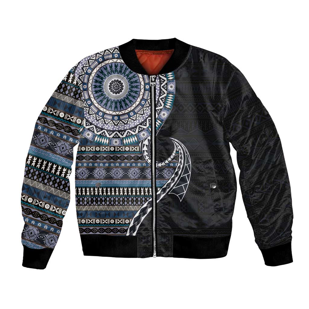 Fijian Masi Tribal Tattoos Art Pattern Bomber Jacket Navy Color Half Style LT03 Unisex Navy - Polynesian Pride