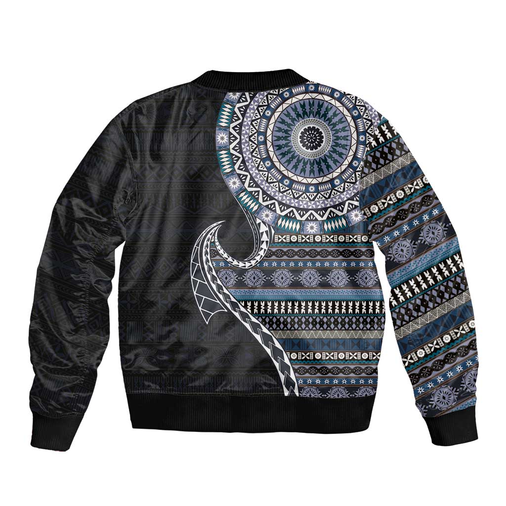 Fijian Masi Tribal Tattoos Art Pattern Bomber Jacket Navy Color Half Style LT03 - Polynesian Pride