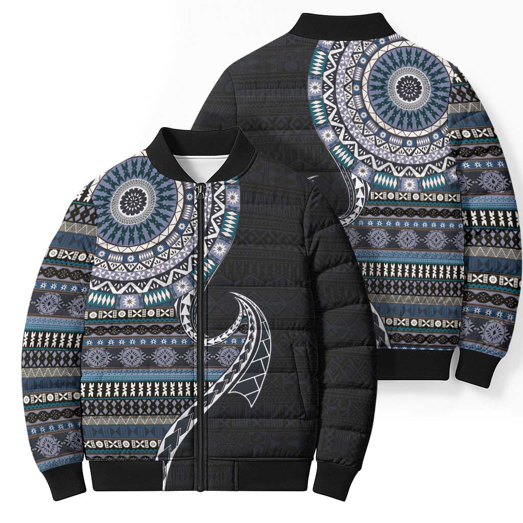 Fijian Masi Tribal Tattoos Art Pattern Bomber Puffer Jacket Navy Color Half Style - Polynesian Pride