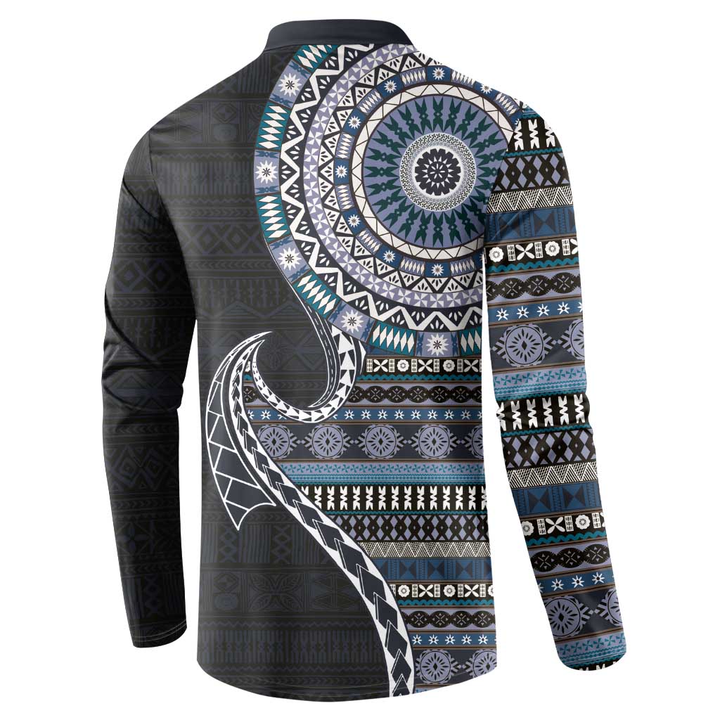 Fijian Masi Tribal Tattoos Art Pattern Button Sweatshirt Navy Color Half Style LT03 - Polynesian Pride