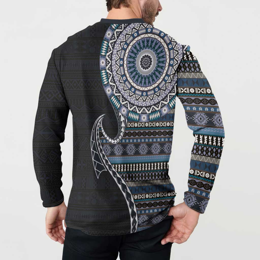 Fijian Masi Tribal Tattoos Art Pattern Button Sweatshirt Navy Color Half Style LT03 - Polynesian Pride