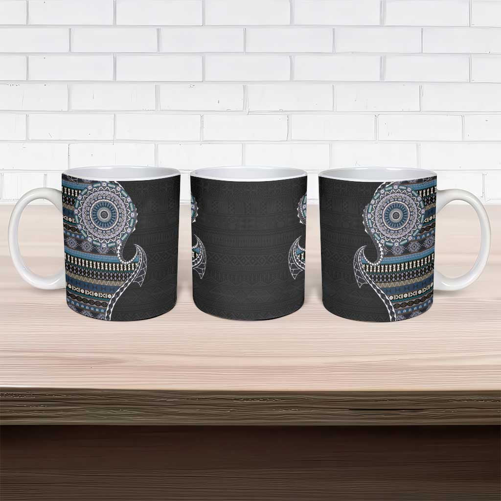 Fijian Masi Tribal Tattoos Art Pattern Ceramic Mug Navy Color Half Style - Polynesian Pride