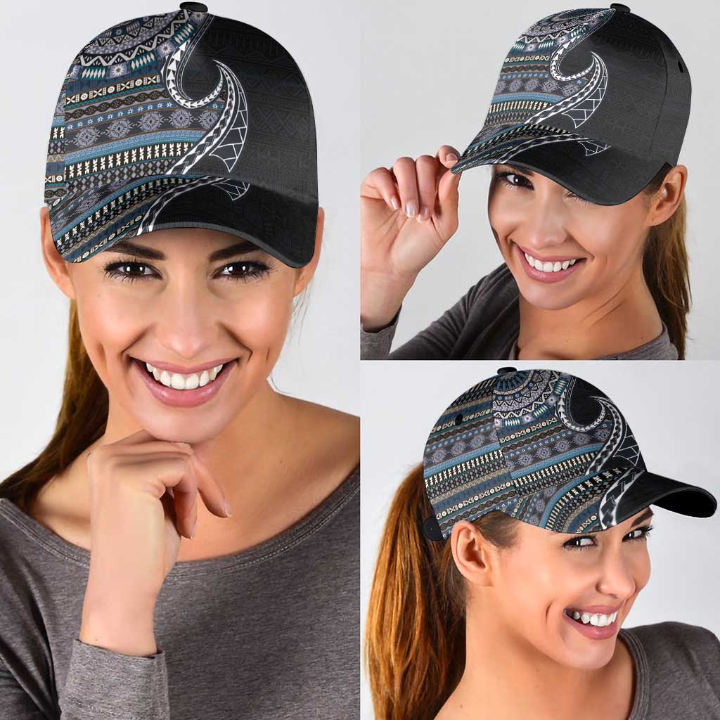 Fijian Masi Tribal Tattoos Art Pattern Classic Cap Navy Color Half Style - Polynesian Pride