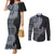 Fijian Masi Tribal Tattoos Art Pattern Couples Matching Mermaid Dress and Long Sleeve Button Shirt Navy Color Half Style - Polynesian Pride