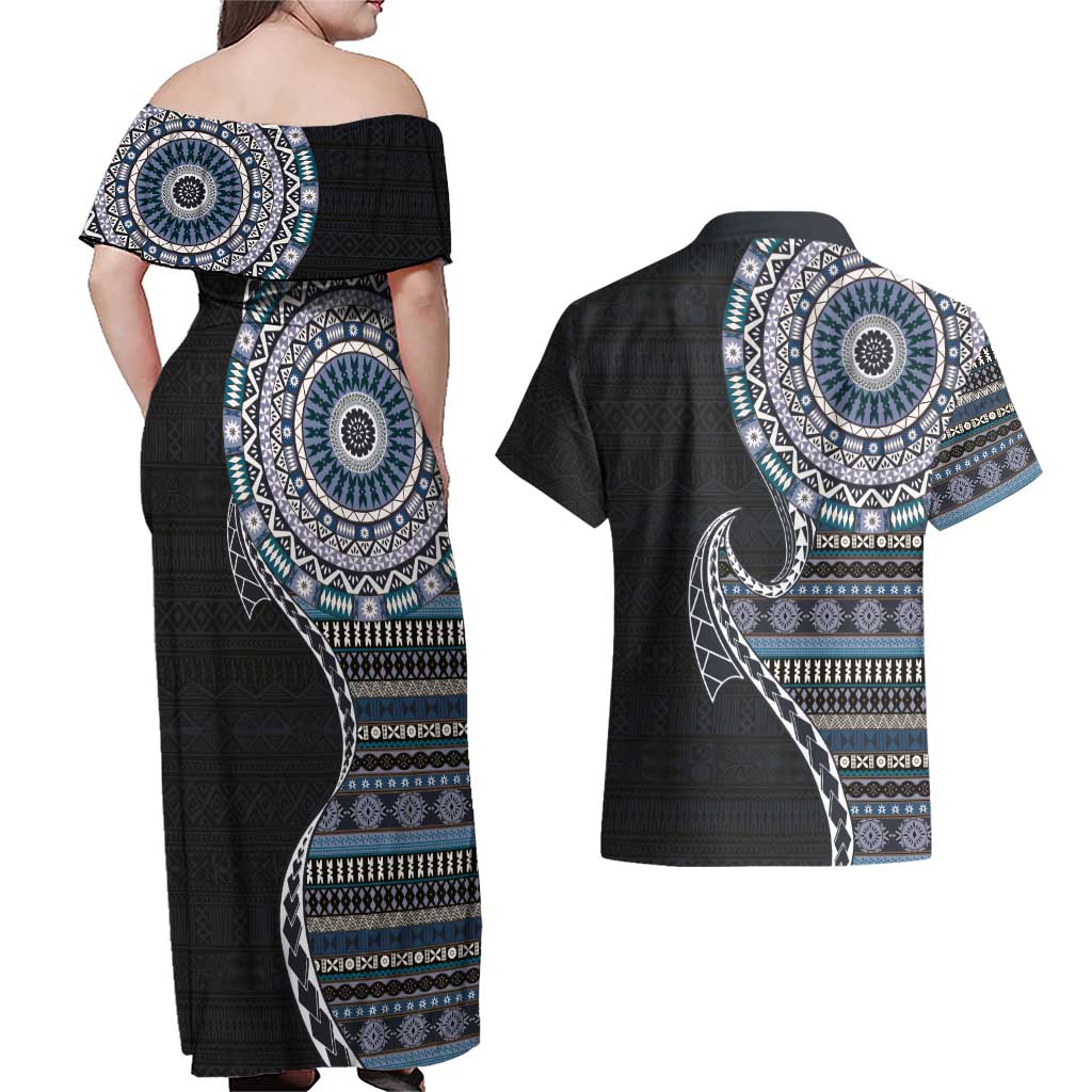 Fijian Masi Tribal Tattoos Art Pattern Couples Matching Off Shoulder Maxi Dress and Hawaiian Shirt Navy Color Half Style - Polynesian Pride