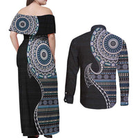 Fijian Masi Tribal Tattoos Art Pattern Couples Matching Off Shoulder Maxi Dress and Long Sleeve Button Shirt Navy Color Half Style - Polynesian Pride
