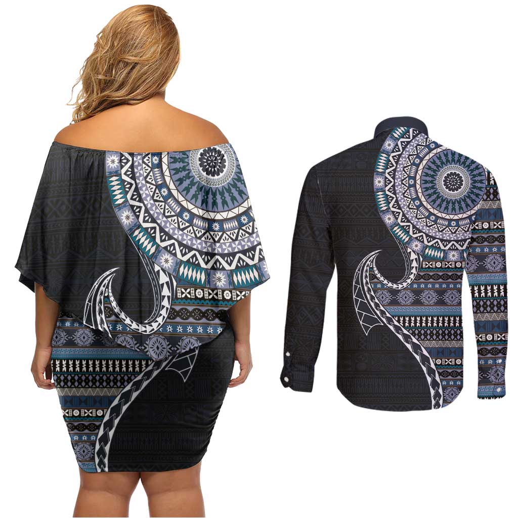 Fijian Masi Tribal Tattoos Art Pattern Couples Matching Off Shoulder Short Dress and Long Sleeve Button Shirt Navy Color Half Style - Polynesian Pride