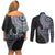 Fijian Masi Tribal Tattoos Art Pattern Couples Matching Off Shoulder Short Dress and Long Sleeve Button Shirt Navy Color Half Style - Polynesian Pride