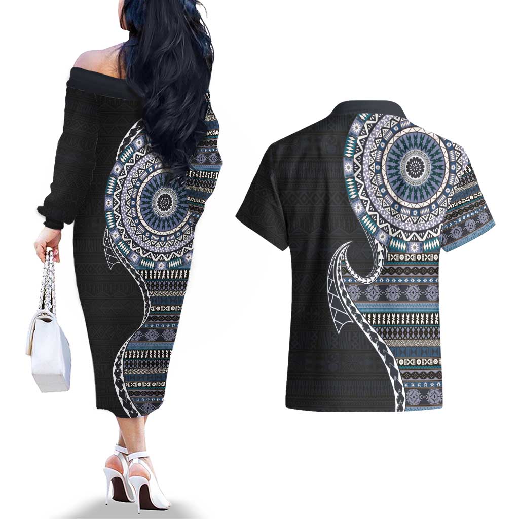 Fijian Masi Tribal Tattoos Art Pattern Couples Matching Off The Shoulder Long Sleeve Dress and Hawaiian Shirt Navy Color Half Style - Polynesian Pride