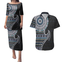 Fijian Masi Tribal Tattoos Art Pattern Couples Matching Puletasi and Hawaiian Shirt Navy Color Half Style LT03 Navy - Polynesian Pride