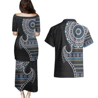 Fijian Masi Tribal Tattoos Art Pattern Couples Matching Puletasi and Hawaiian Shirt Navy Color Half Style LT03 - Polynesian Pride