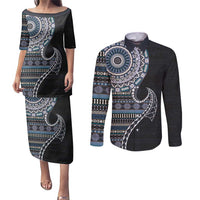 Fijian Masi Tribal Tattoos Art Pattern Couples Matching Puletasi and Long Sleeve Button Shirt Navy Color Half Style LT03 Navy - Polynesian Pride