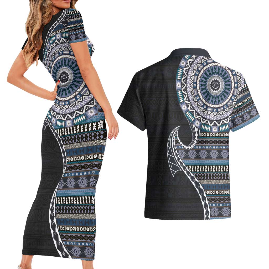 Fijian Masi Tribal Tattoos Art Pattern Couples Matching Short Sleeve Bodycon Dress and Hawaiian Shirt Navy Color Half Style - Polynesian Pride