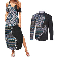 Fijian Masi Tribal Tattoos Art Pattern Couples Matching Summer Maxi Dress and Long Sleeve Button Shirt Navy Color Half Style LT03 Navy - Polynesian Pride
