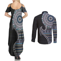 Fijian Masi Tribal Tattoos Art Pattern Couples Matching Summer Maxi Dress and Long Sleeve Button Shirt Navy Color Half Style LT03 - Polynesian Pride
