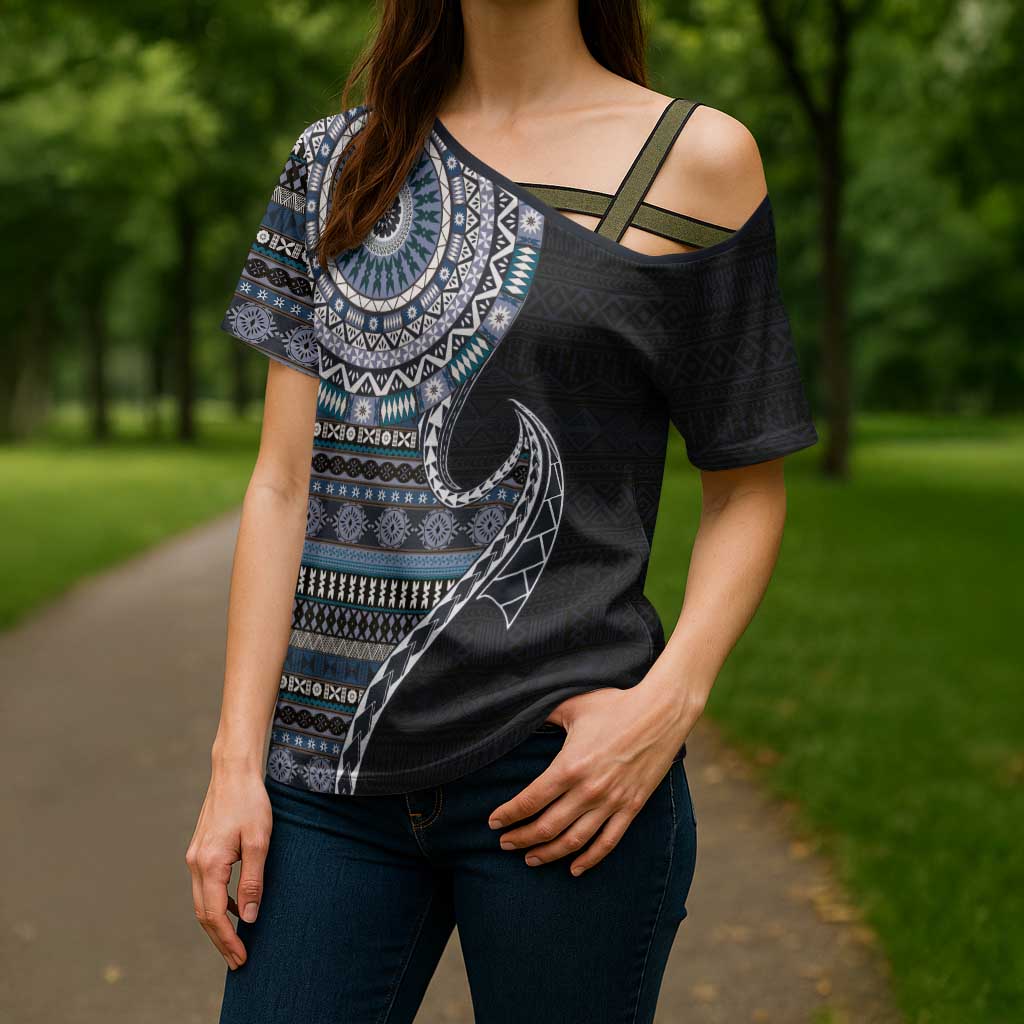Fijian Masi Tribal Tattoos Art Pattern Cross Shoulder Shirt Navy Color Half Style - Polynesian Pride