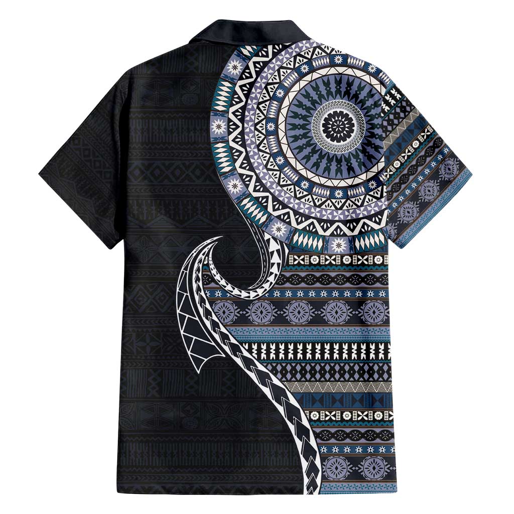 Fijian Masi Tribal Tattoos Art Pattern Family Matching Long Sleeve Bodycon Dress and Hawaiian Shirt Navy Color Half Style - Polynesian Pride