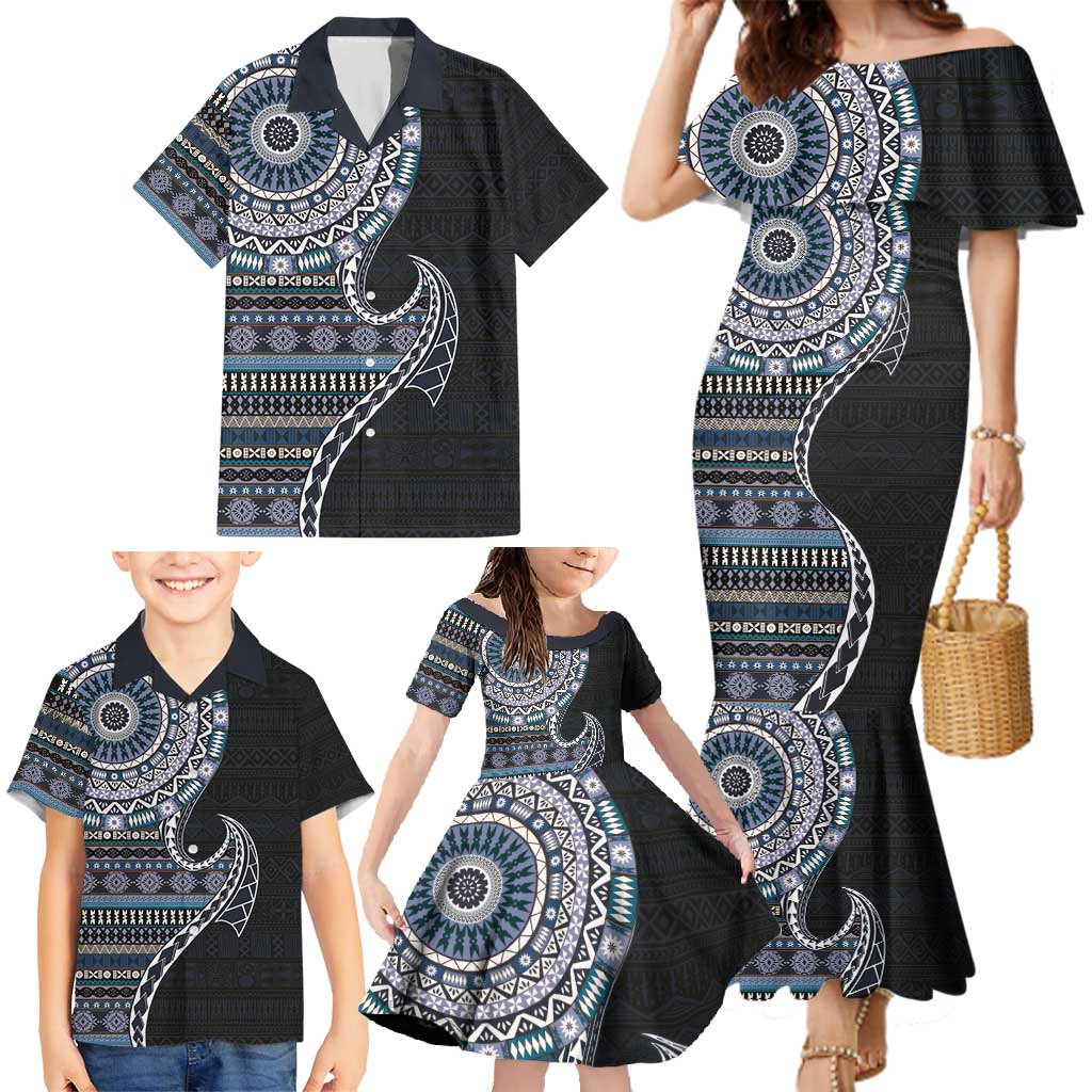 Fijian Masi Tribal Tattoos Art Pattern Family Matching Mermaid Dress and Hawaiian Shirt Navy Color Half Style - Polynesian Pride