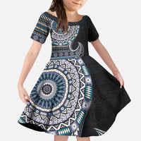 Fijian Masi Tribal Tattoos Art Pattern Family Matching Off The Shoulder Long Sleeve Dress and Hawaiian Shirt Navy Color Half Style - Polynesian Pride