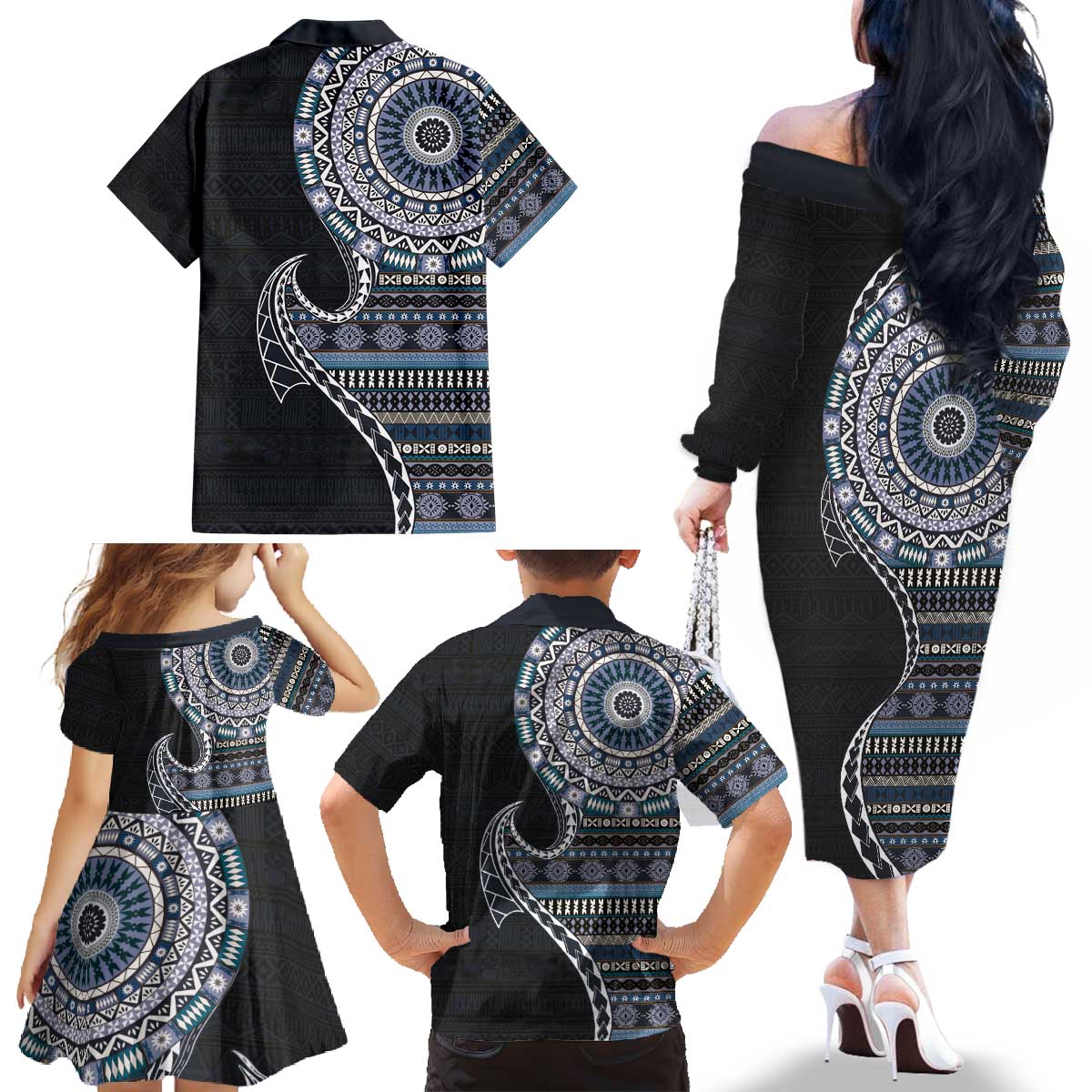 Fijian Masi Tribal Tattoos Art Pattern Family Matching Off The Shoulder Long Sleeve Dress and Hawaiian Shirt Navy Color Half Style - Polynesian Pride