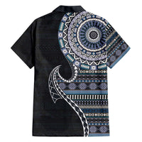 Fijian Masi Tribal Tattoos Art Pattern Family Matching Off The Shoulder Long Sleeve Dress and Hawaiian Shirt Navy Color Half Style - Polynesian Pride