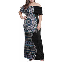 Fijian Masi Tribal Tattoos Art Pattern Family Matching Off Shoulder Maxi Dress and Hawaiian Shirt Navy Color Half Style - Polynesian Pride