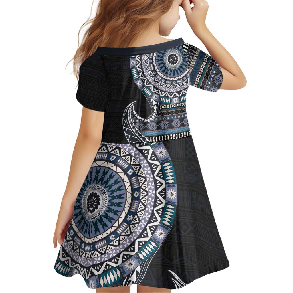 Fijian Masi Tribal Tattoos Art Pattern Family Matching Off Shoulder Short Dress and Hawaiian Shirt Navy Color Half Style - Polynesian Pride