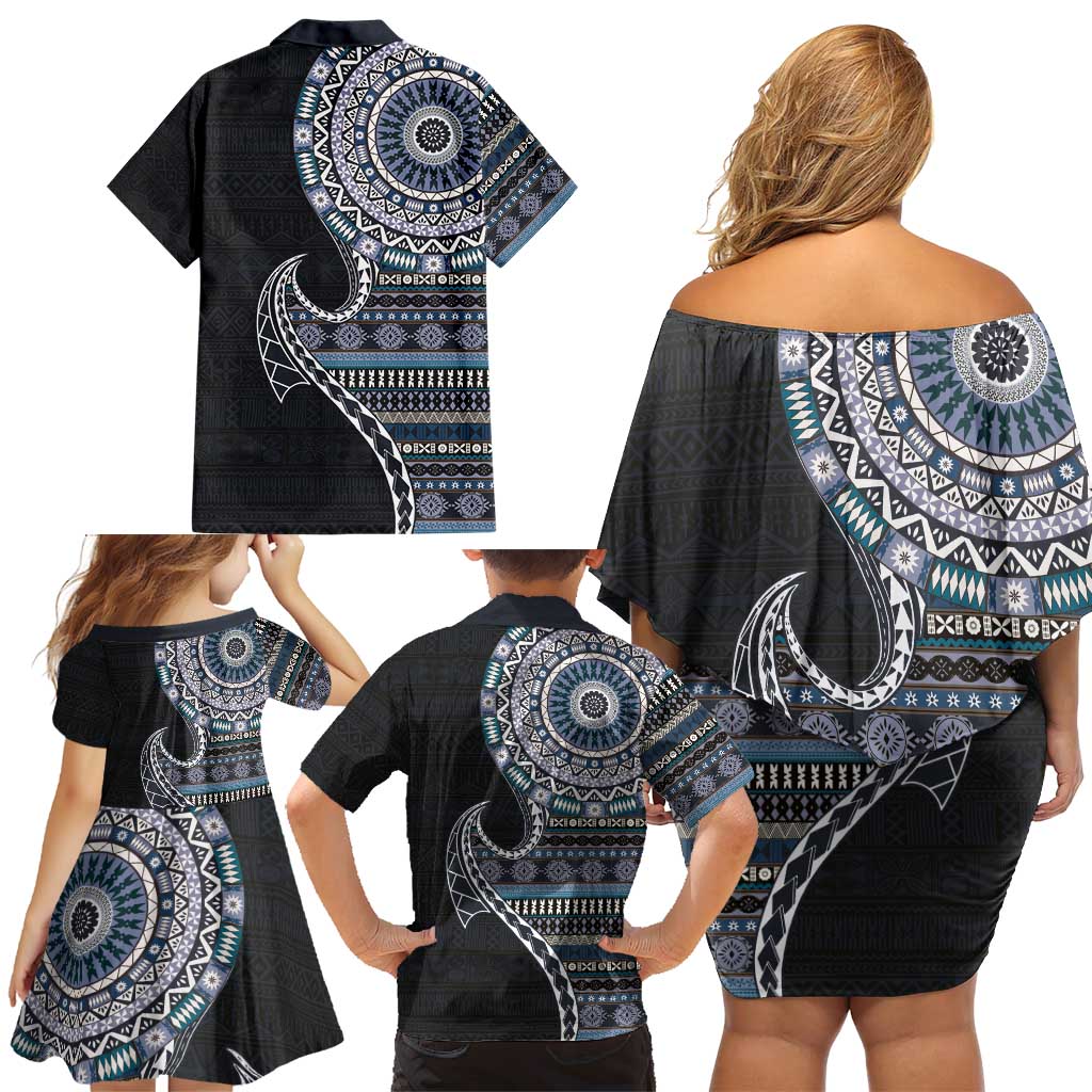 Fijian Masi Tribal Tattoos Art Pattern Family Matching Off Shoulder Short Dress and Hawaiian Shirt Navy Color Half Style - Polynesian Pride