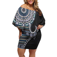 Fijian Masi Tribal Tattoos Art Pattern Family Matching Off Shoulder Short Dress and Hawaiian Shirt Navy Color Half Style - Polynesian Pride