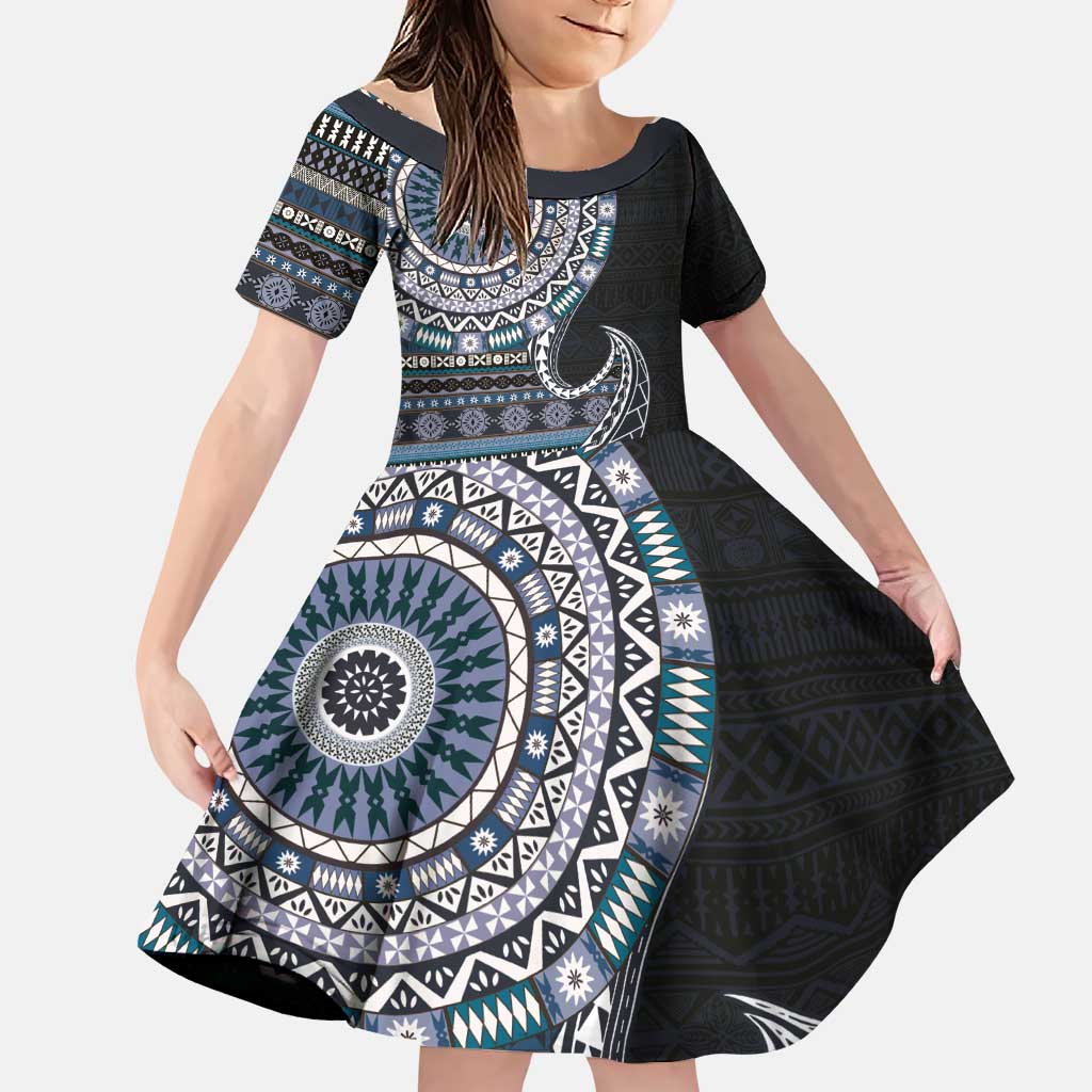 Fijian Masi Tribal Tattoos Art Pattern Family Matching Puletasi and Hawaiian Shirt Navy Color Half Style LT03 Daughter's Dress Navy - Polynesian Pride